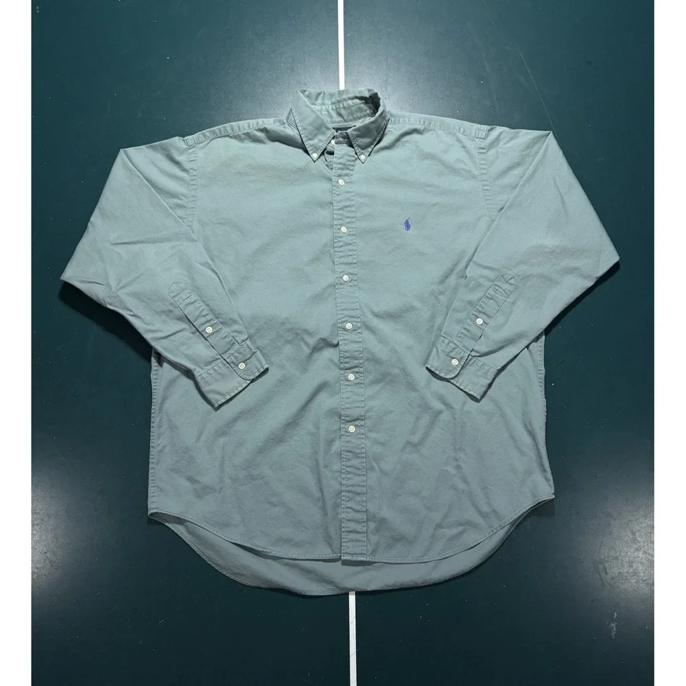 Vintage 90s Ralph Lauren Blaire Button Up Shirt Men Large Sage Green Long Sleeve